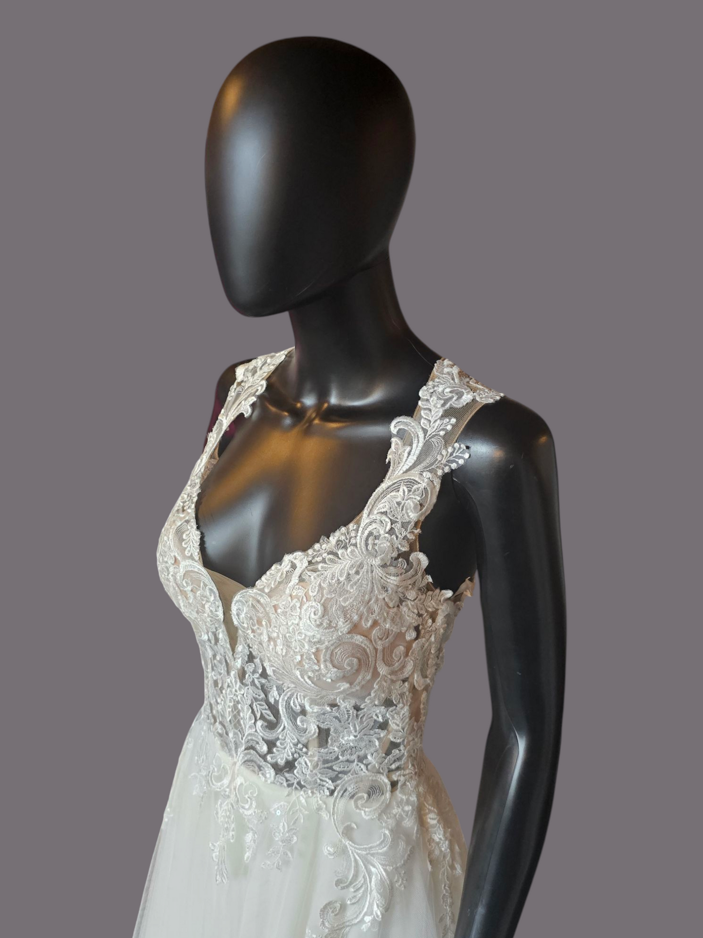 Sheer Bodice Lace Applique Illusion Plunge Wedding Gown - Justin Alexander