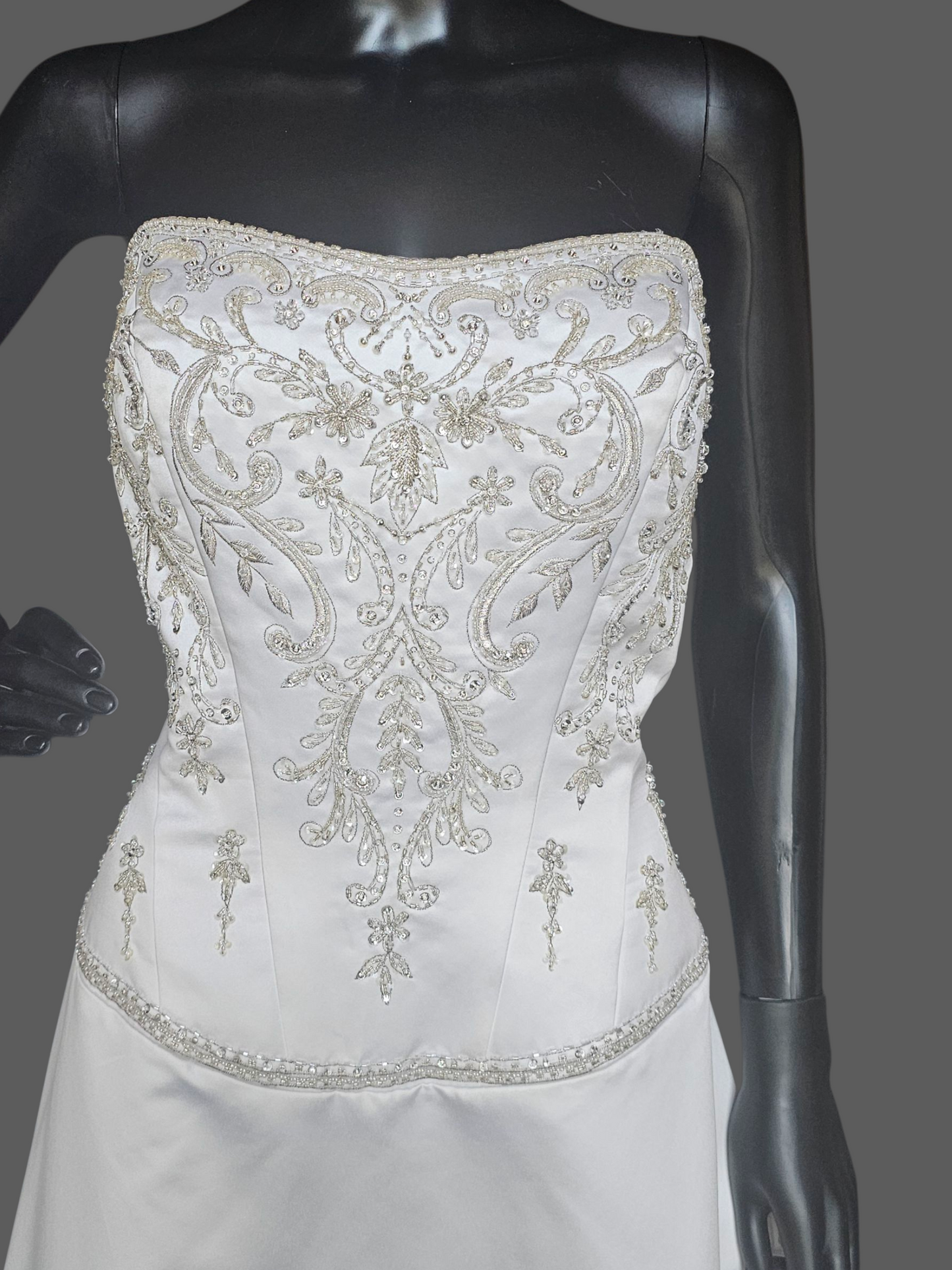 White Satin Drop Waist A-Line Wedding Gown - Casablanca