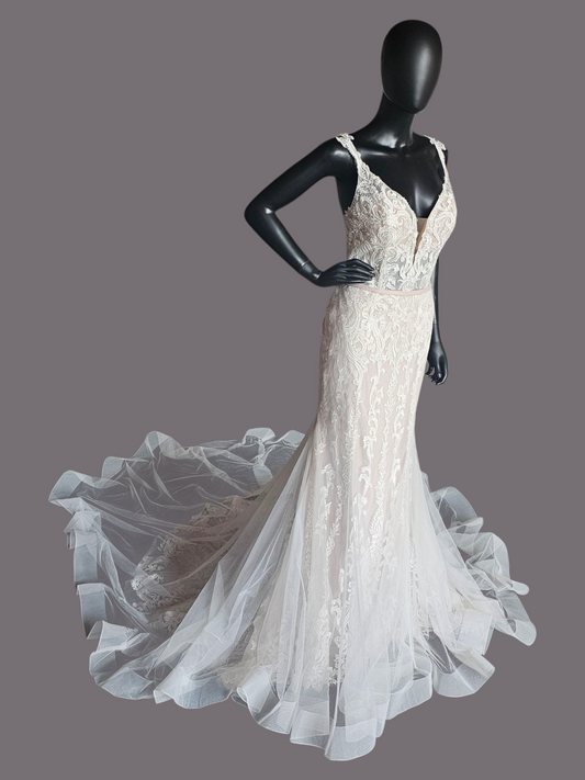 Ivory/Cappuccino Lace Applique Fit and Flare - Mori Lee