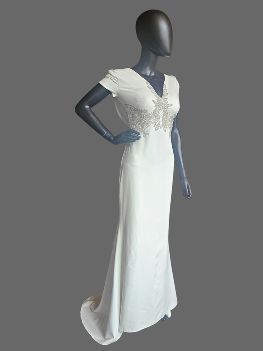 Ivory Wedding Gown Cap Sleeve Sheath Beaded With Peral Design Around The Dress Cowl Back - Franssical
