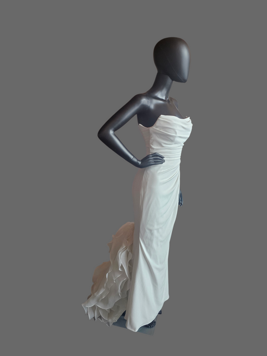 Ivory Crepe Fit and Flare Cat Eye Neckline Wedding Gown (Petite) - Selby Rae RENEWAL