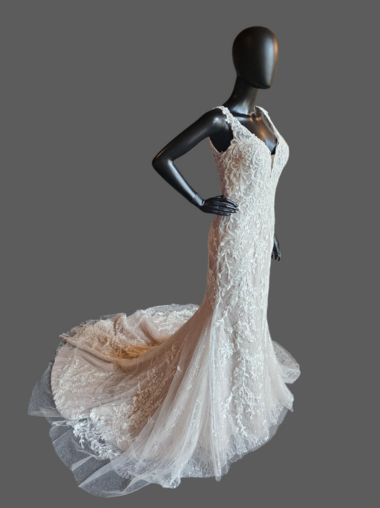Ivory/Latte Beaded Lace Illusion Back Plunge Fit and Flare Wedding Gown - Da Vinci