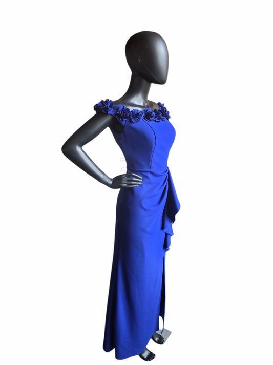 Royal Blue Floral Off Shoulder Formal Dress - Jeanne Alexander