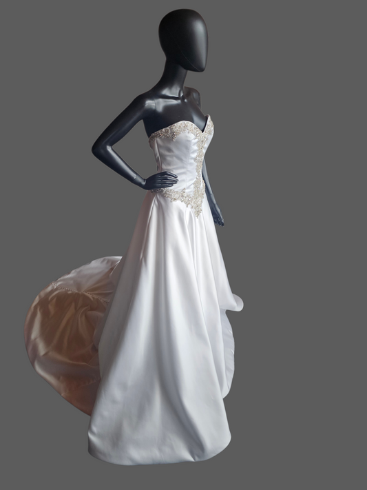 White Satin Basque Waist Strapless Sweetheart Wedding Gown - Mori Lee
