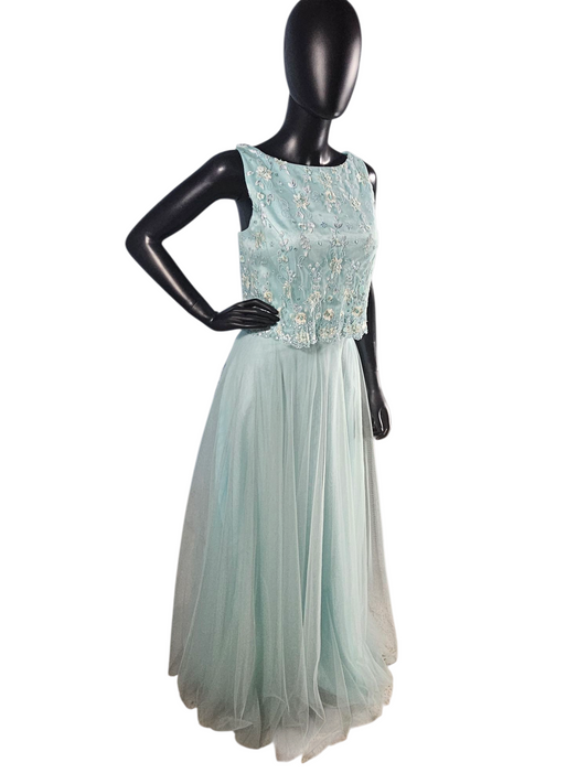 Mint Lace Bodice Full Length Formal A-Line Dress - Mori Lee