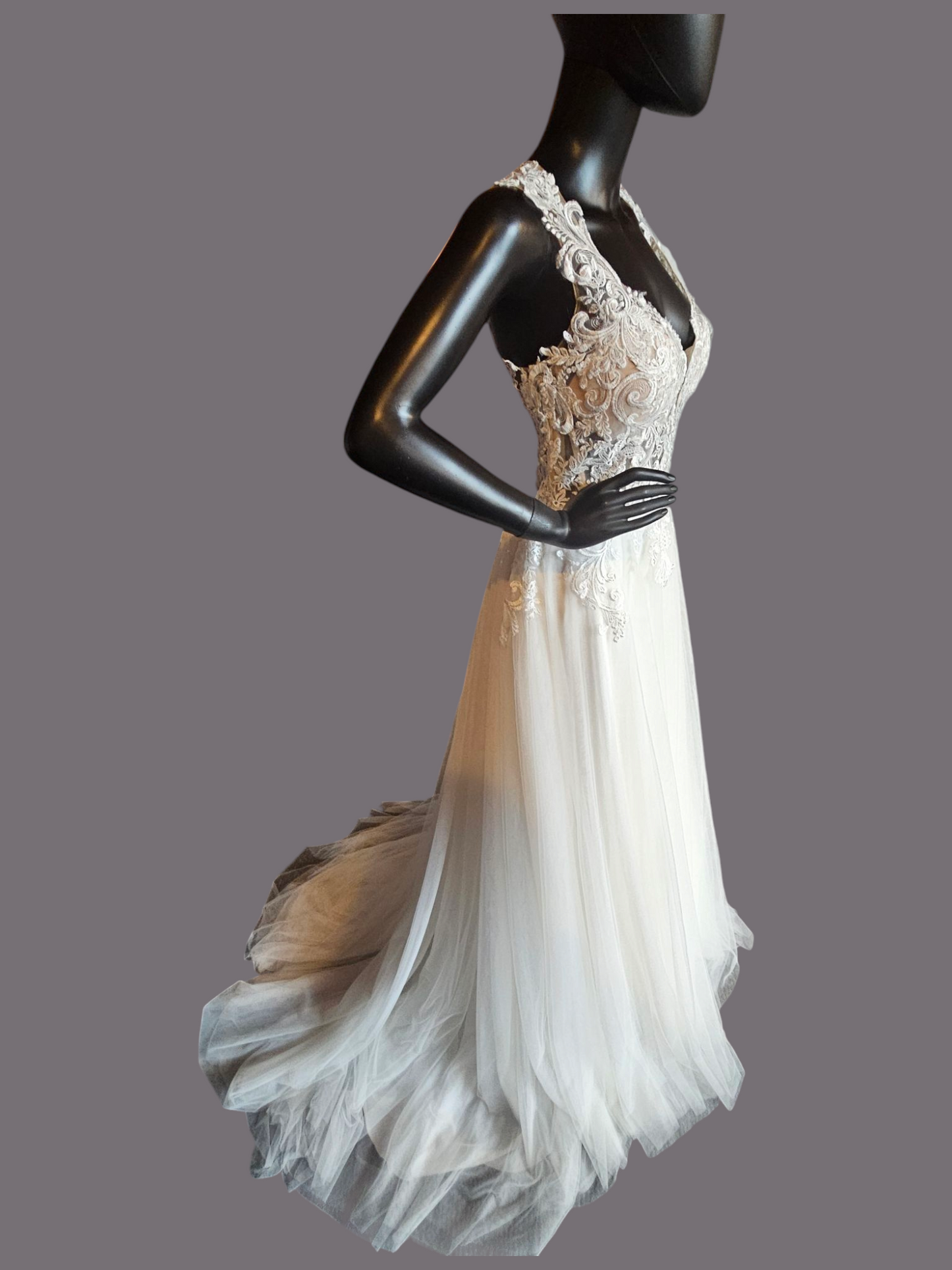 Sheer Bodice Lace Applique Illusion Plunge Wedding Gown - Justin Alexander