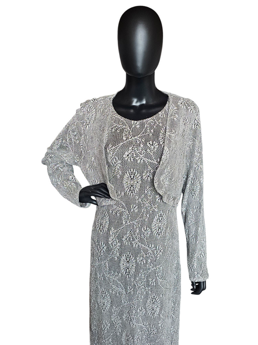 Silver Crochet Sheath/Fringe Formal Dress W/Bolero Jacket - Harlow Nites