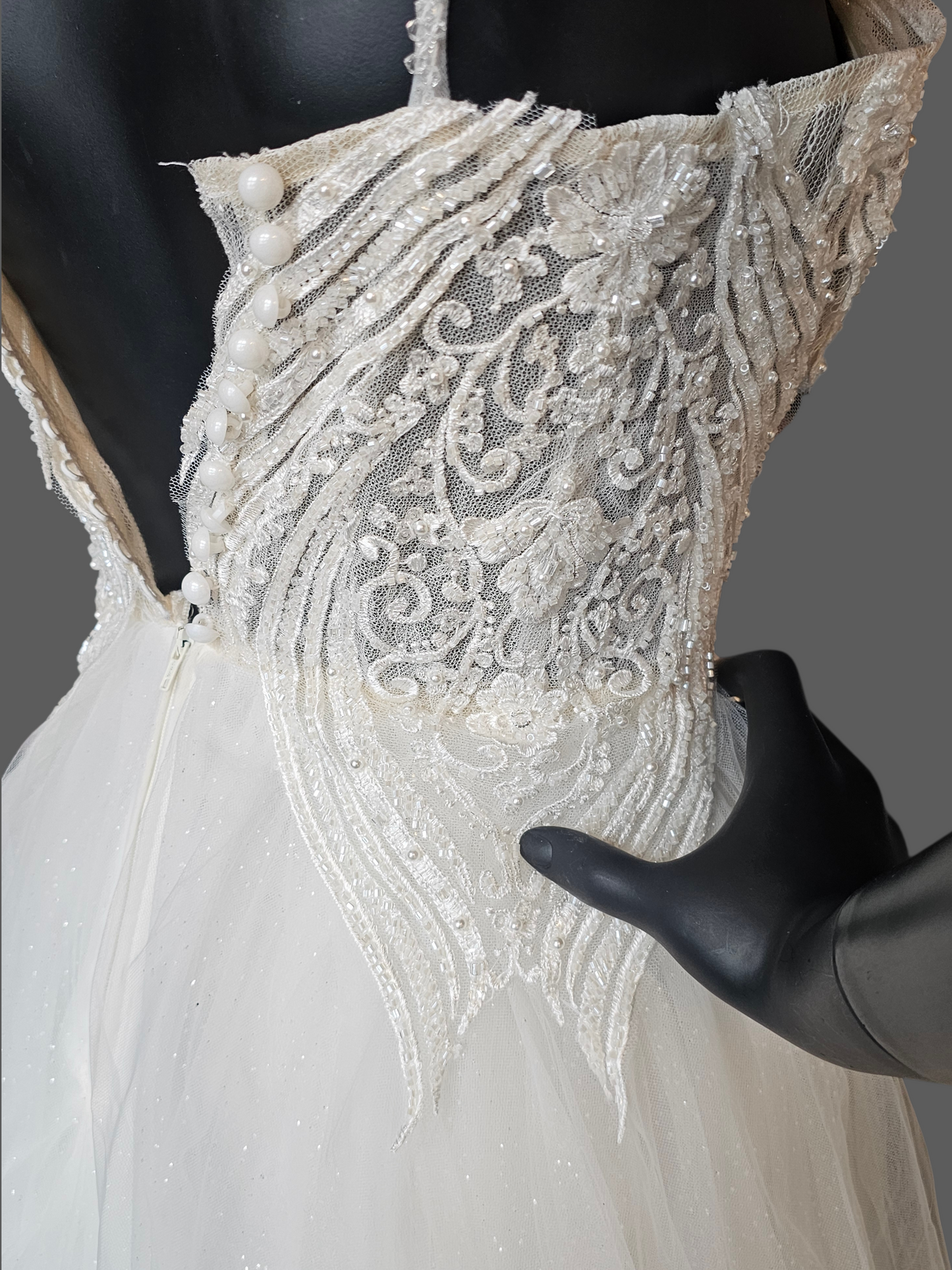 Ivory Spaghetti Strap Illusion Bodice Tulle A-Line Wedding Gown - Di La Sena - NWT