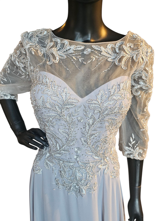 Silver Long Sleeve Illusion Bodice Maxi Formal Evening Gown - Madaline Gardner NY