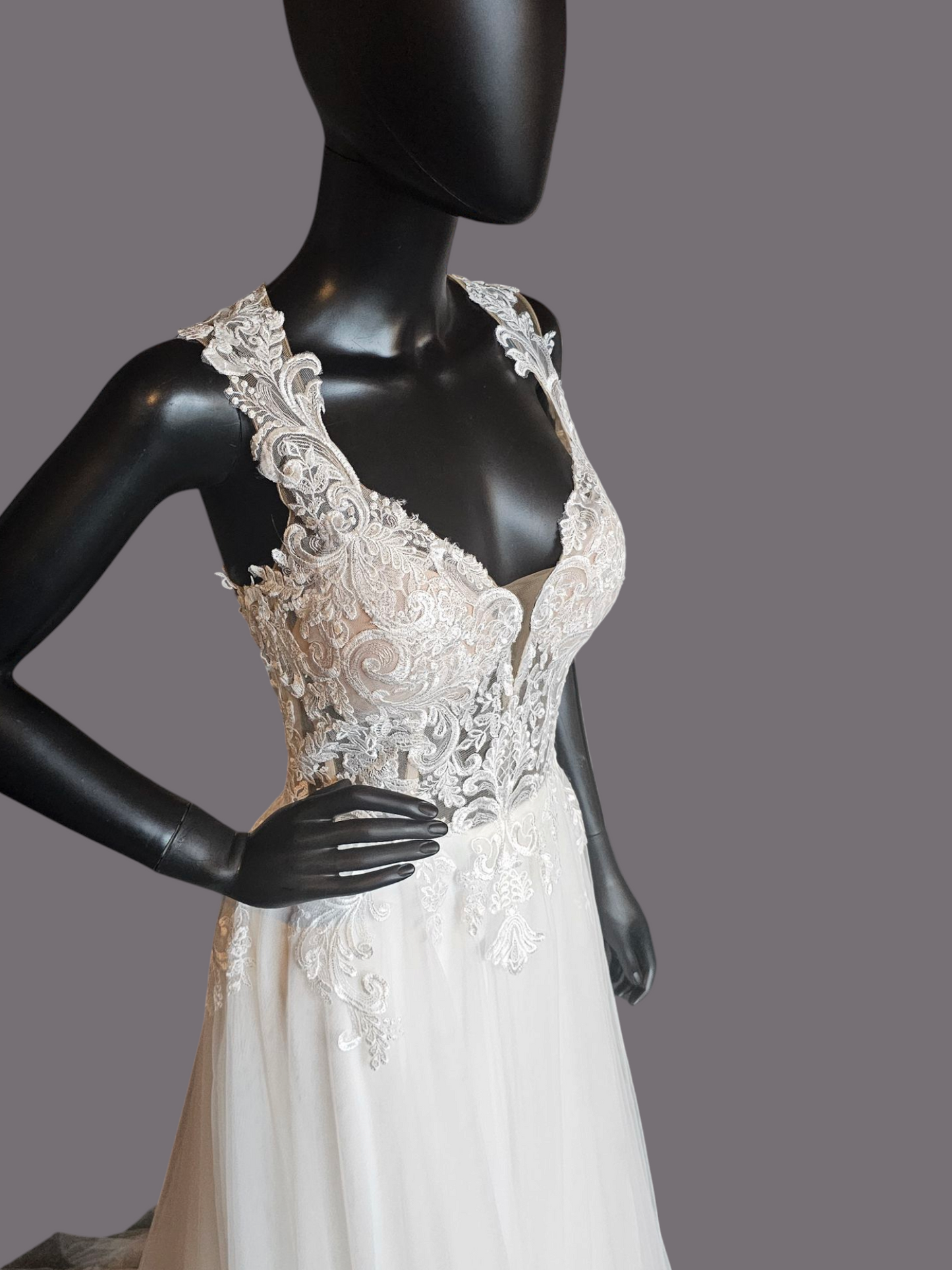 Sheer Bodice Lace Applique Illusion Plunge Wedding Gown - Justin Alexander