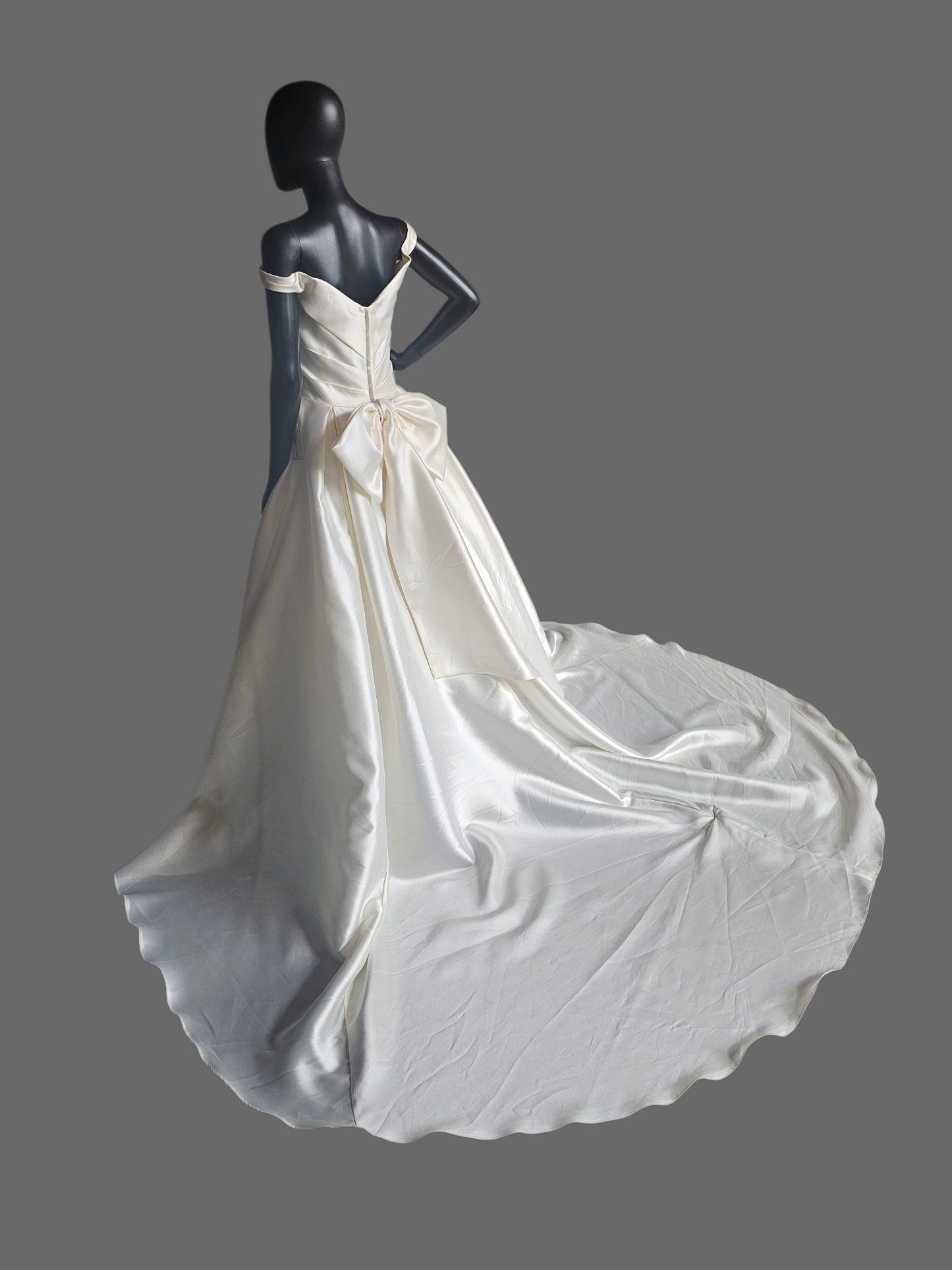 Ivory Mikado Off Shoulder A-Line Wedding Gown W/Removable Bow - Ashley + Justin