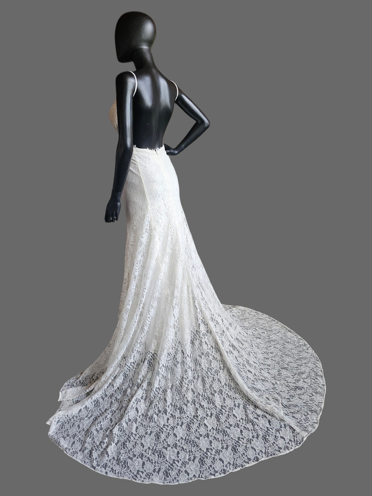 Floral Lace Fit/Flare Open Back Spaghetti Strap Fitted Wedding Gown - Galina