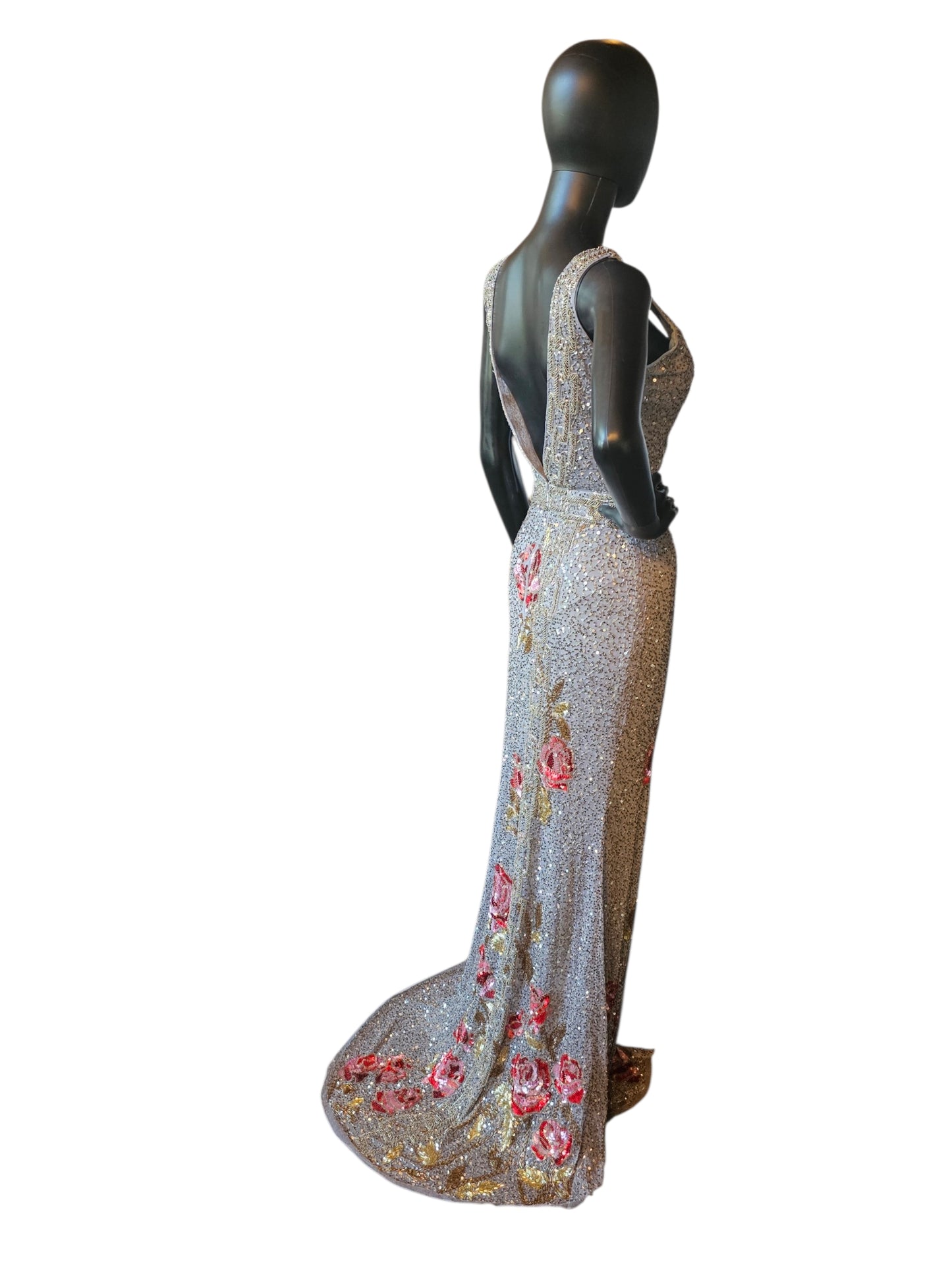 Pewter/Gold/Rose Fully Beaded V-Neck Fitted Maxi Formal/Gala/Prom Dress - Primavera