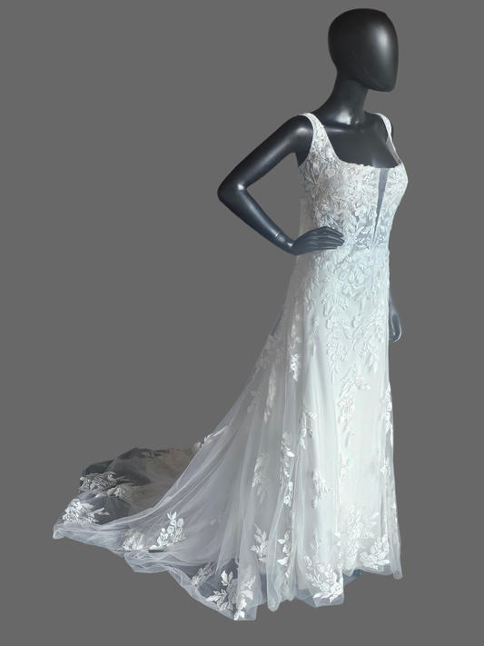 Floral Lace Fit/Flare Scoop Neck Plunge Wedding Gown - Rebecca Ingram