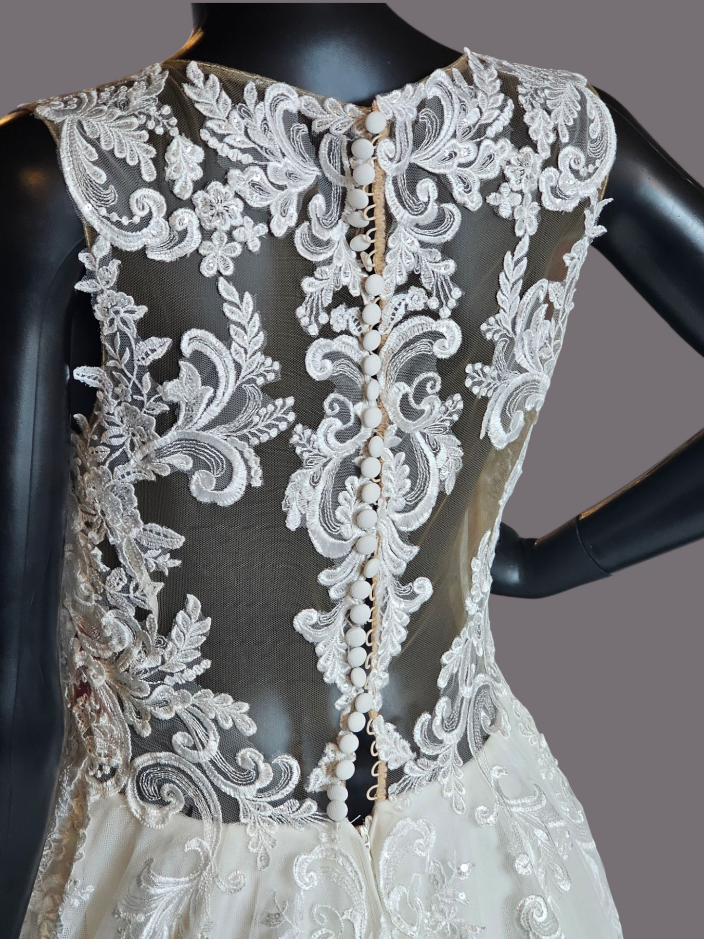 Sheer Bodice Lace Applique Illusion Plunge Wedding Gown - Justin Alexander