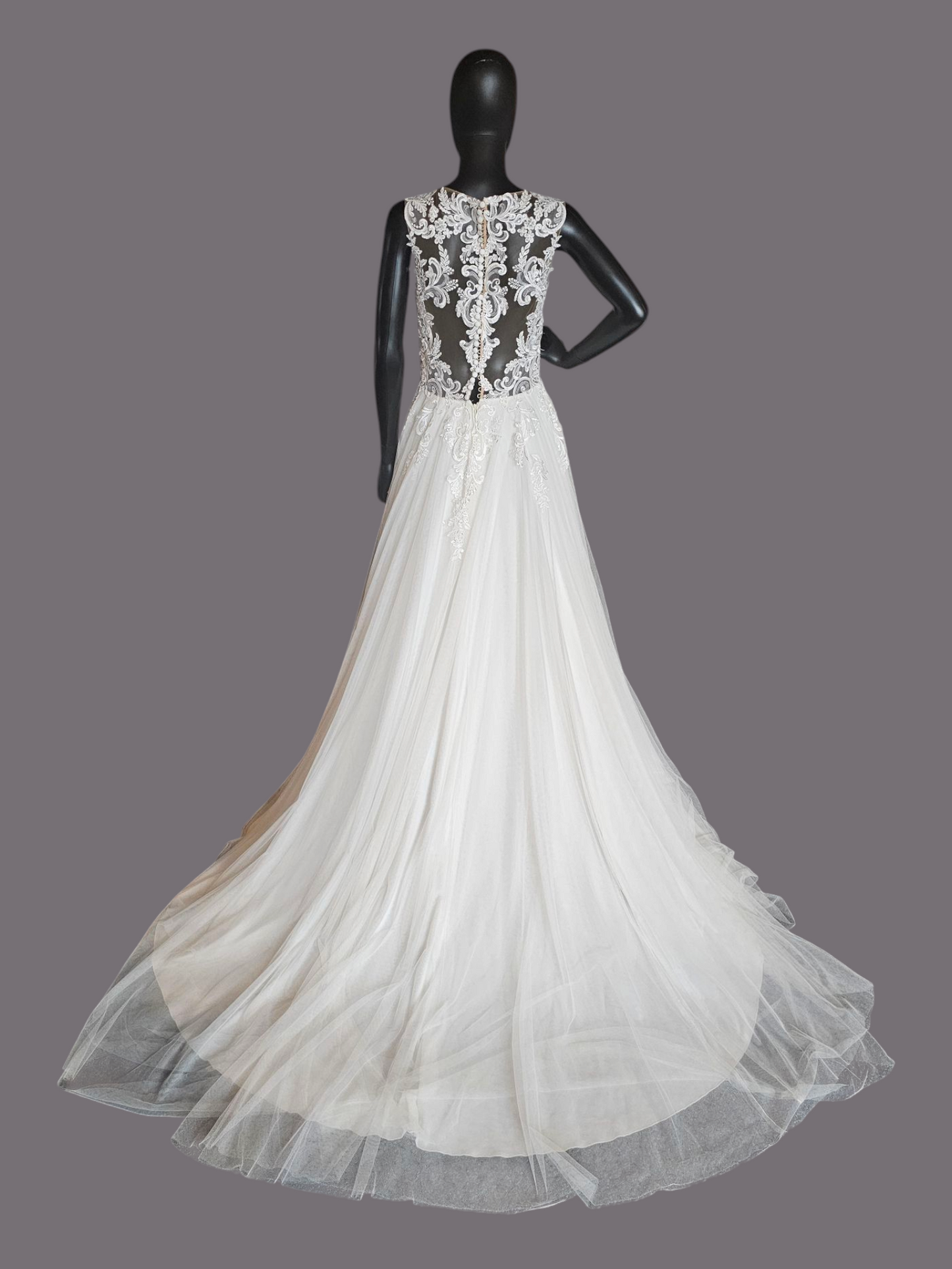 Sheer Bodice Lace Applique Illusion Plunge Wedding Gown - Justin Alexander