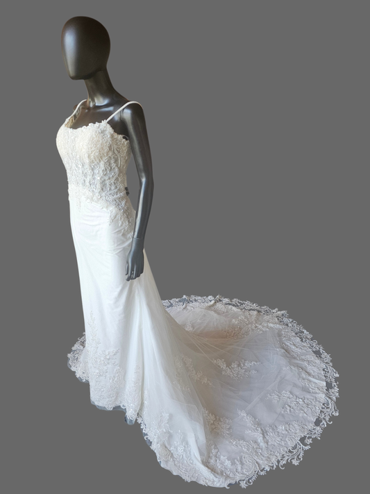 Ivory Overlay Floral Beaded Glitter Fit/Flare Wedding Gown - Davinci