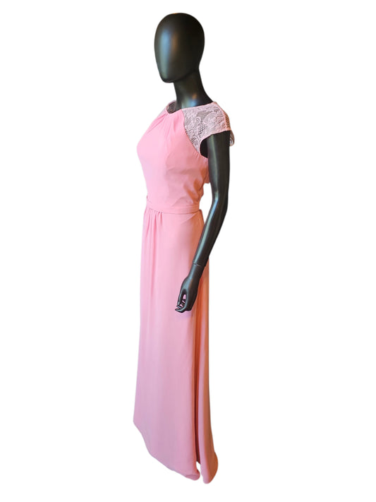 Pink Jewel Collar Belted Sheath Lace Cap Sleeve Maxi Formal Dress - Alexia