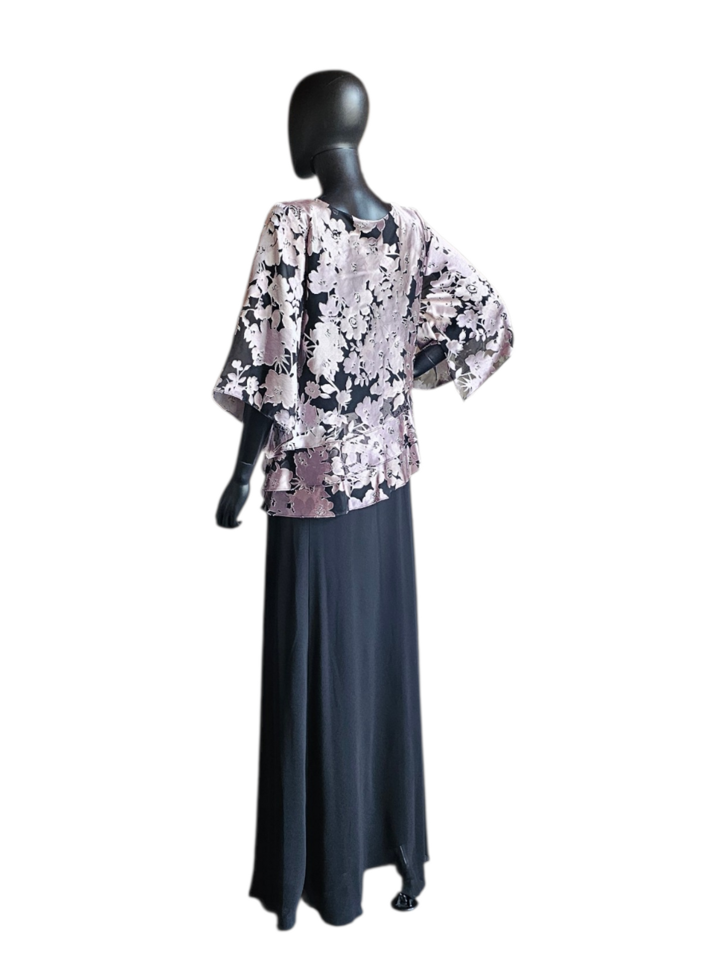 Lavender/Black Floral 3/4 Sleeve 2 Piece Chiffon Shirt And Skirt Moms Outfit- Alex Evenings