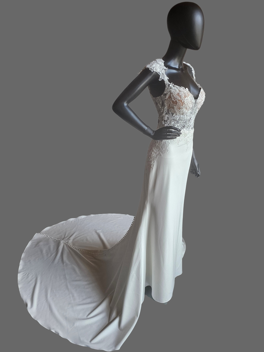 Ivory Crepe Illusion Bodice Cap Sleeve Fit/Flare Wedding Gown - Rebecca Ingram