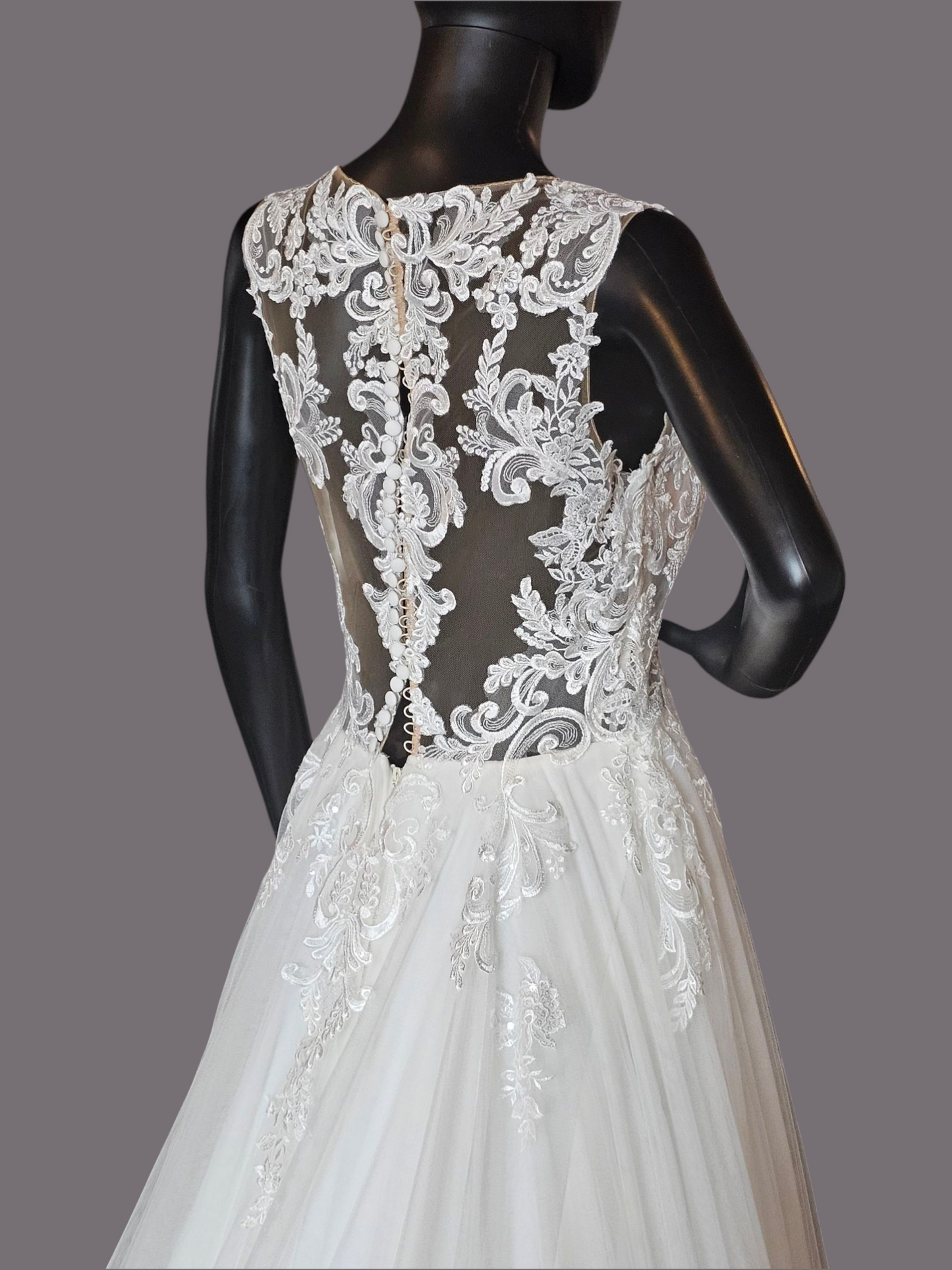 Sheer Bodice Lace Applique Illusion Plunge Wedding Gown - Justin Alexander