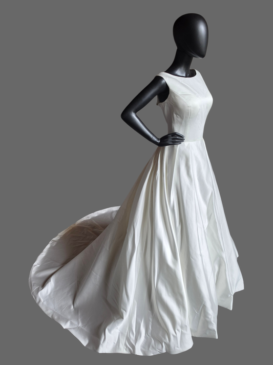 Ivory Simple Satin A-Line Boat Neck Box Pleat Wedding Dress