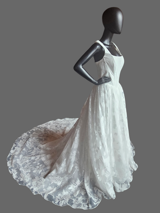 Ivory Floral Burnout Basque Waist Square Neckline Wedding Gown - Tania Olsen NWT