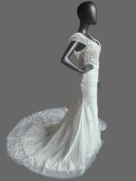 Cap Sleeve Plunge Fit/Flare Wedding Gown - Mori Lee