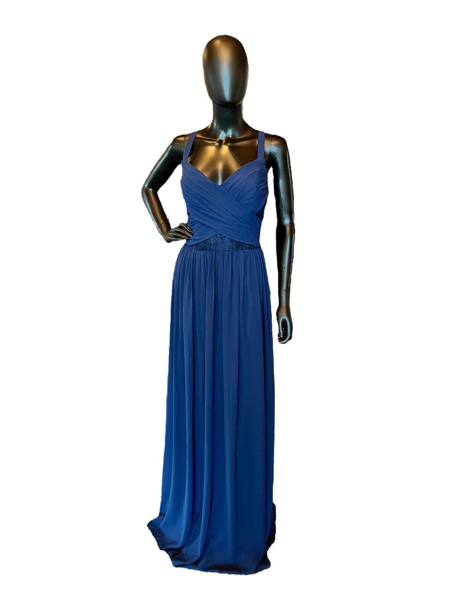 Hayley Paige Navy Chiffon Spaghetti Bridesmaid Maxi Formal Dress