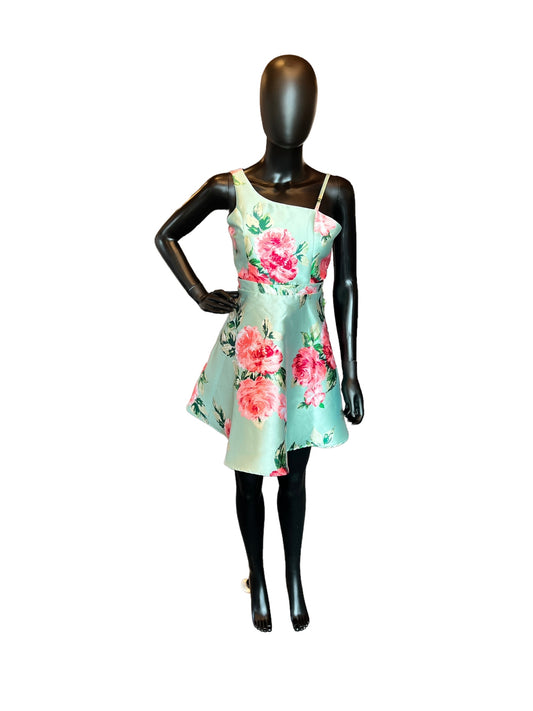 Teal Short One Shoulder Floral Print Dress (New)