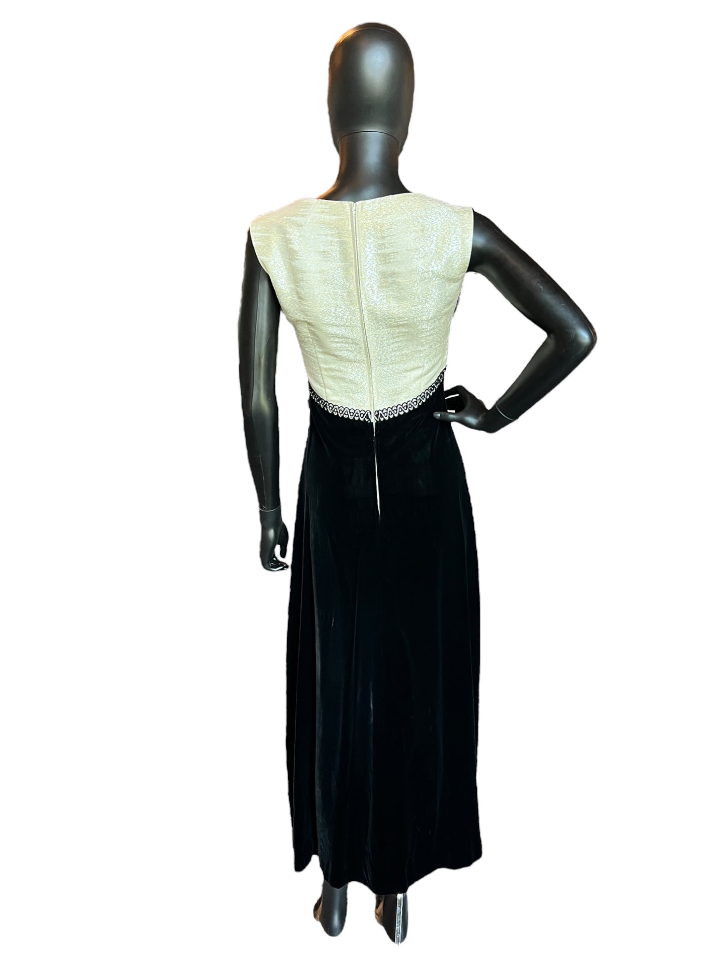 Vintage 60s Black Velvet and Silver Formal Gown