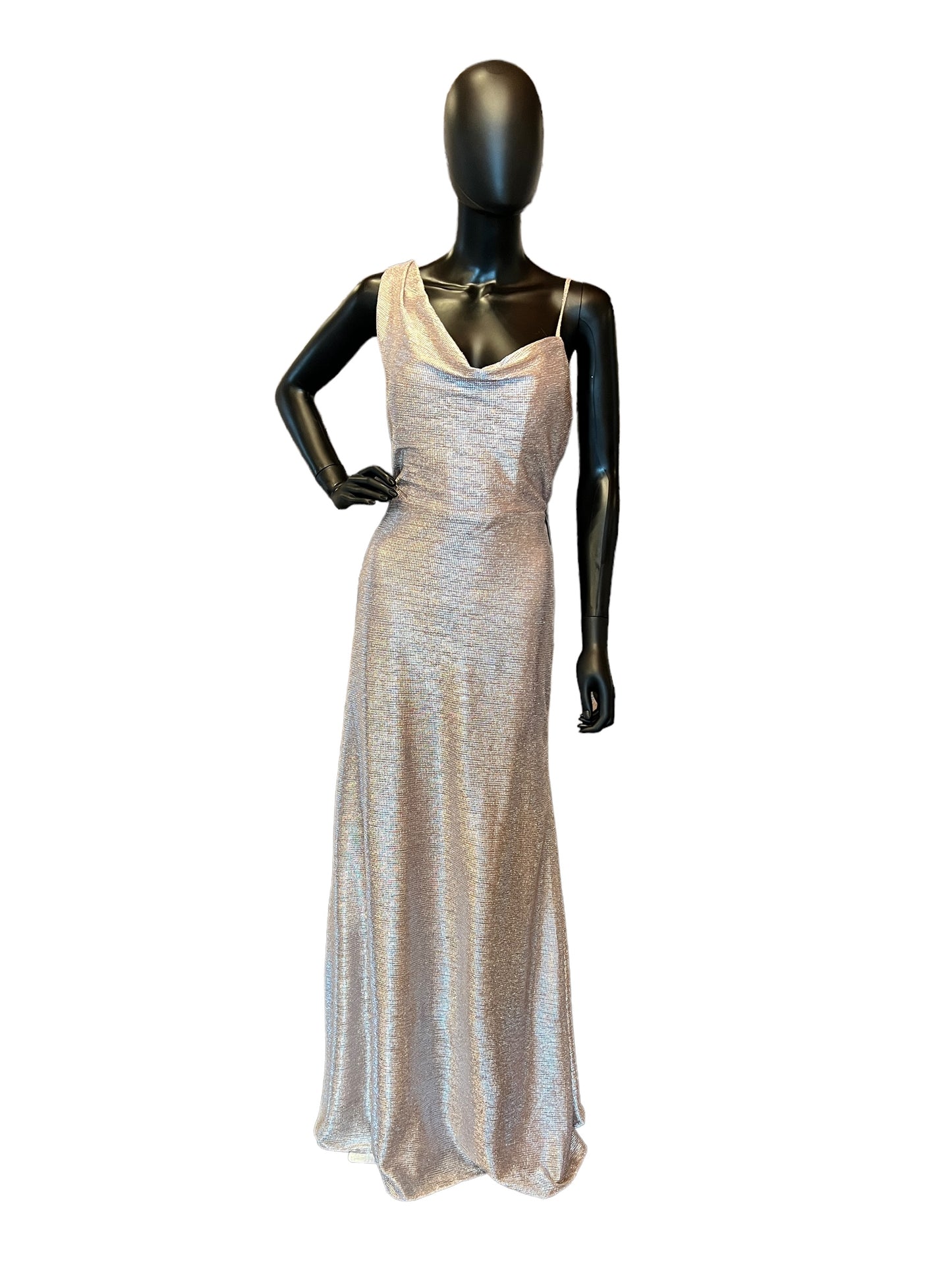 Hayley Paige Metallic Rose One Shoulder Maxi Formal Dress