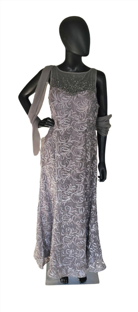 Pewter Applique Formal Gown W/Shawl