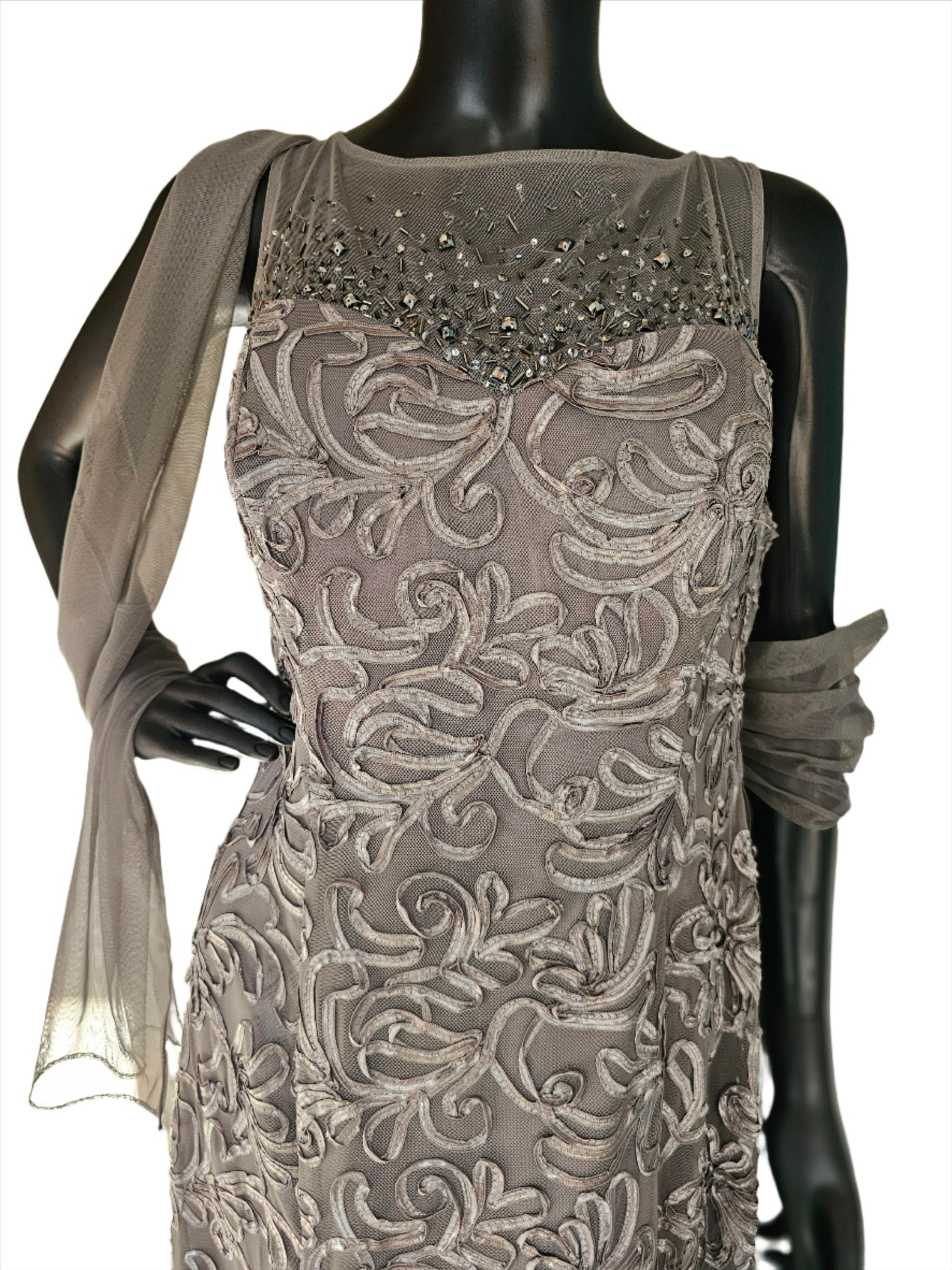 Pewter Applique Formal Gown W/Shawl