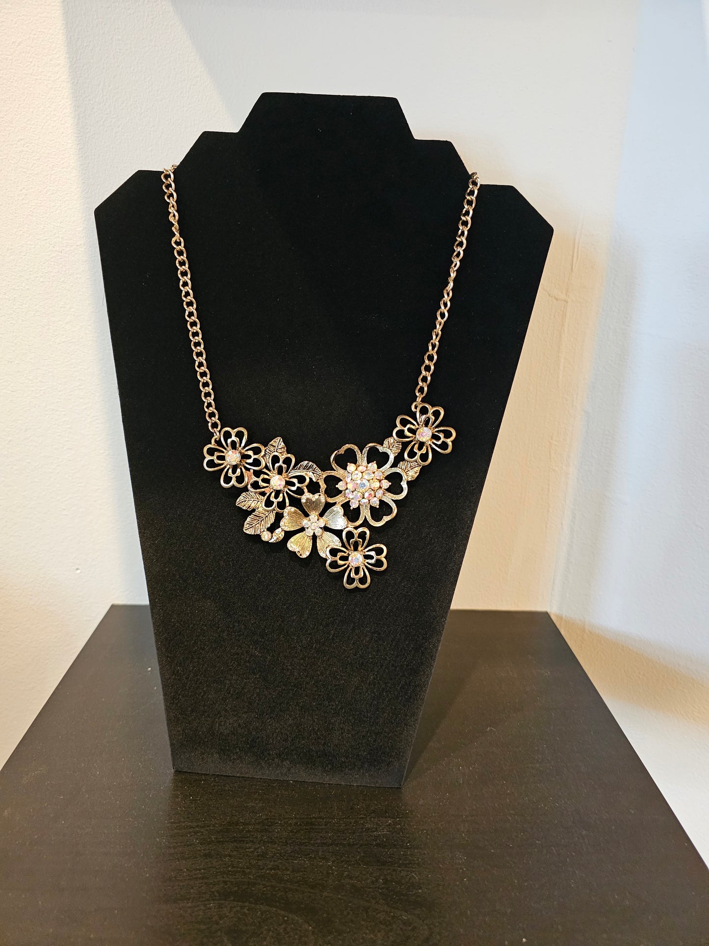 Gold Floral Iridescent Crystal Necklace