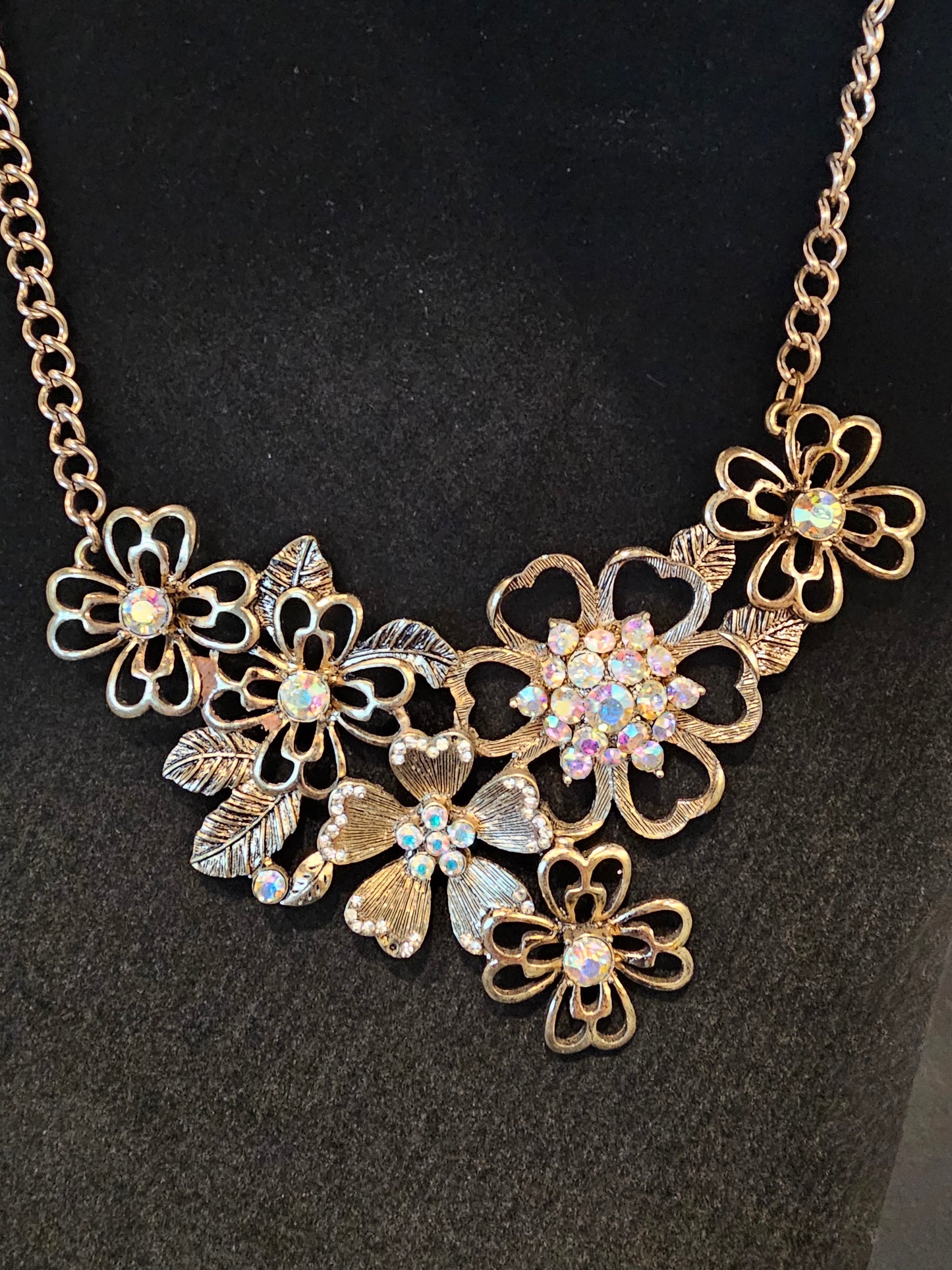 Gold Floral Iridescent Crystal Necklace