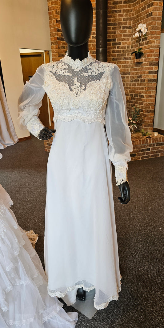 Vintage 70s Lace Chiffon High-Collar Wedding Gown