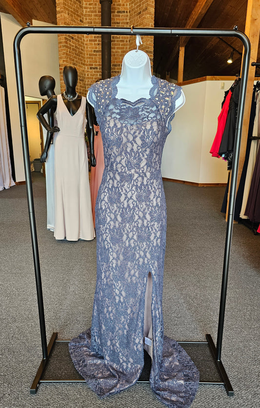 Navy Lace & Crystal Bead Prom Dress