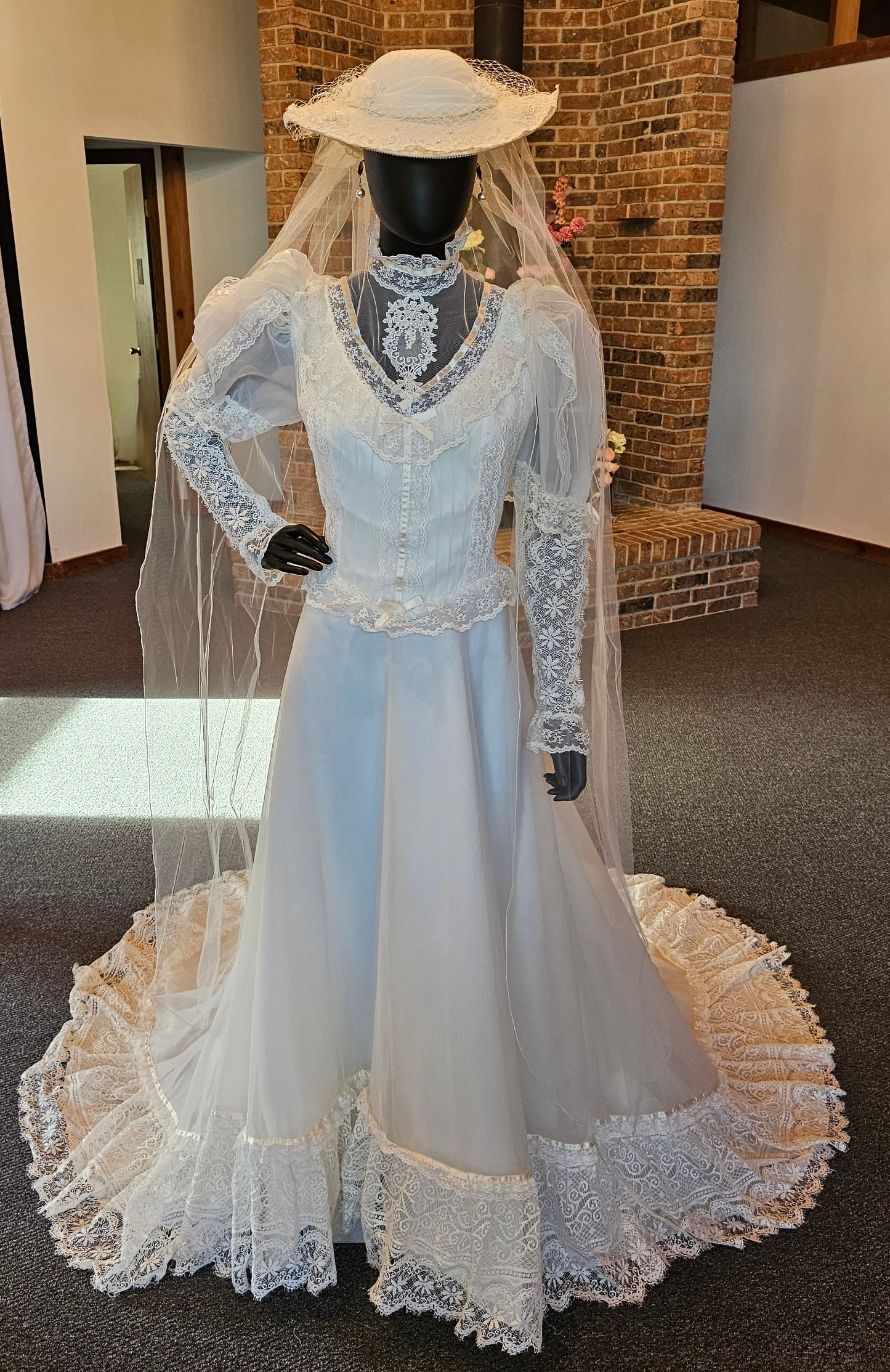 Vintage Ivory Victorian Wedding Gown/ Hat