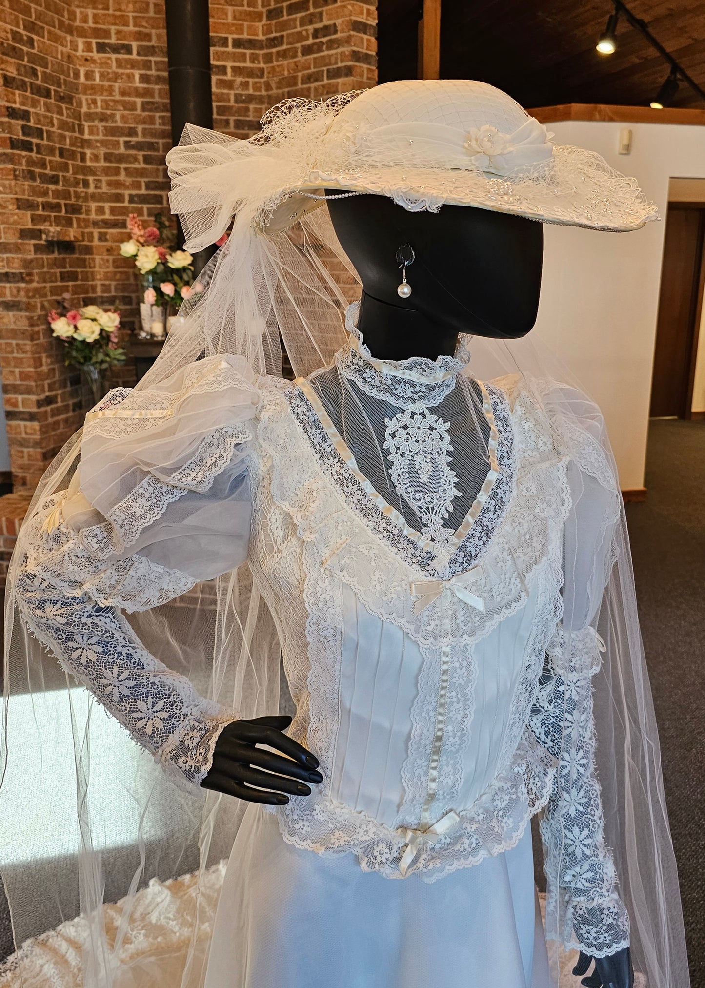 Vintage Ivory Victorian Wedding Gown/ Hat