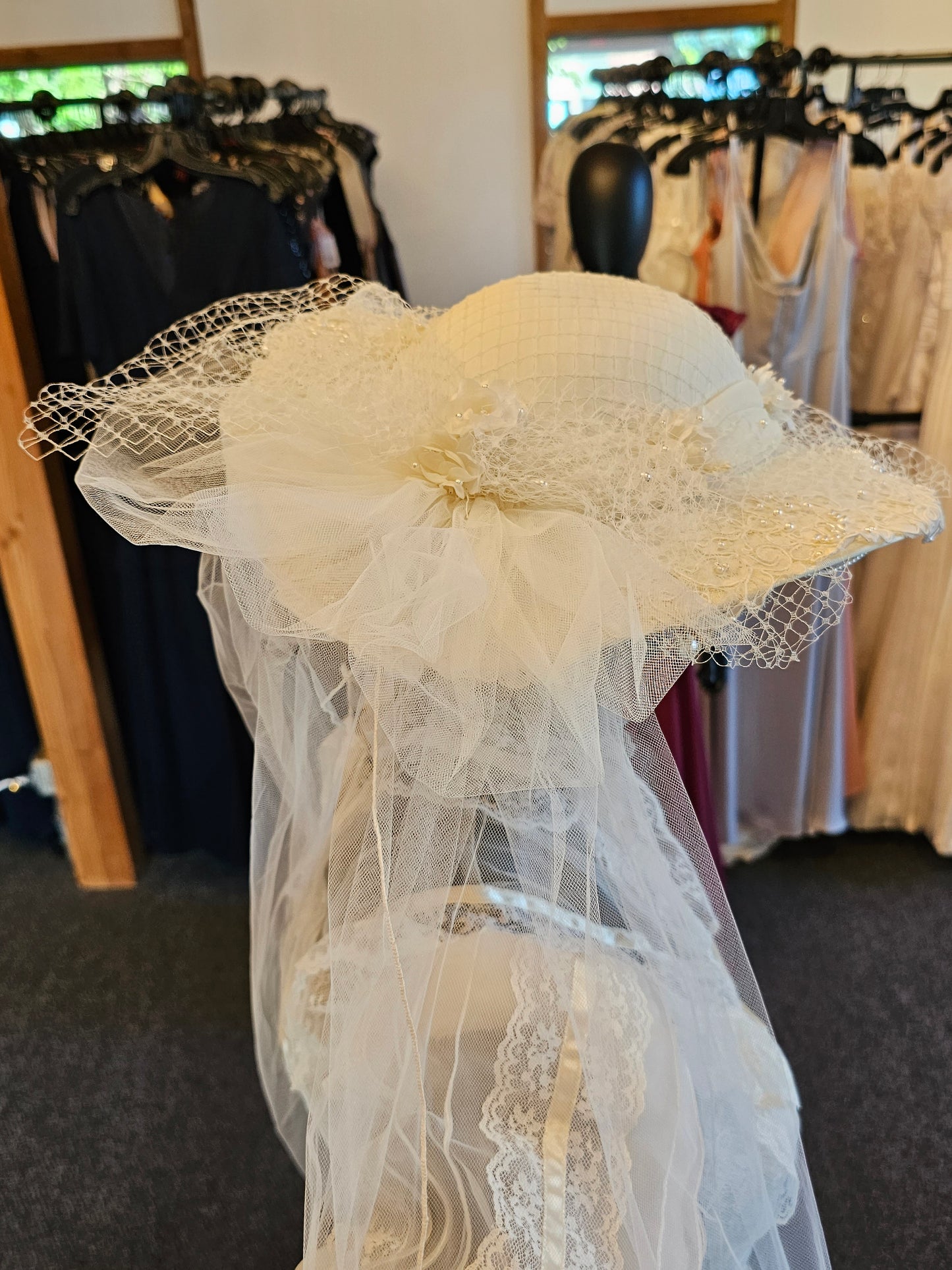 Vintage Ivory Victorian Wedding Gown/ Hat