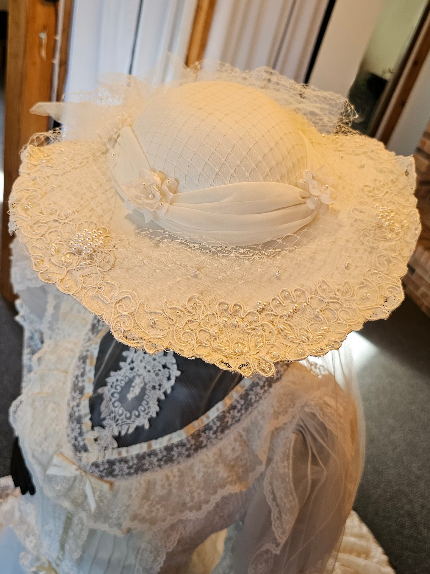 Vintage Ivory Victorian Wedding Gown/ Hat