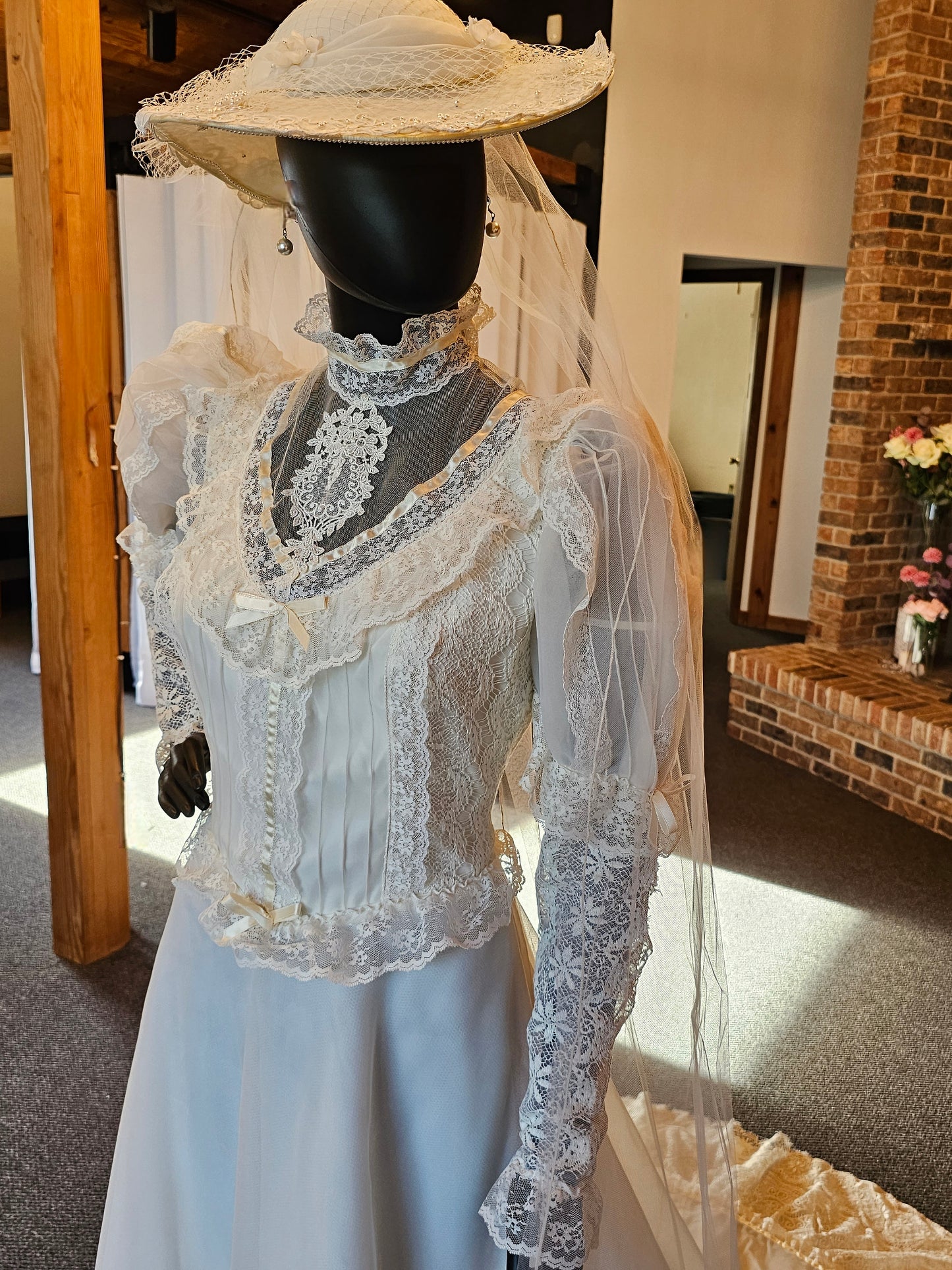 Vintage Ivory Victorian Wedding Gown/ Hat