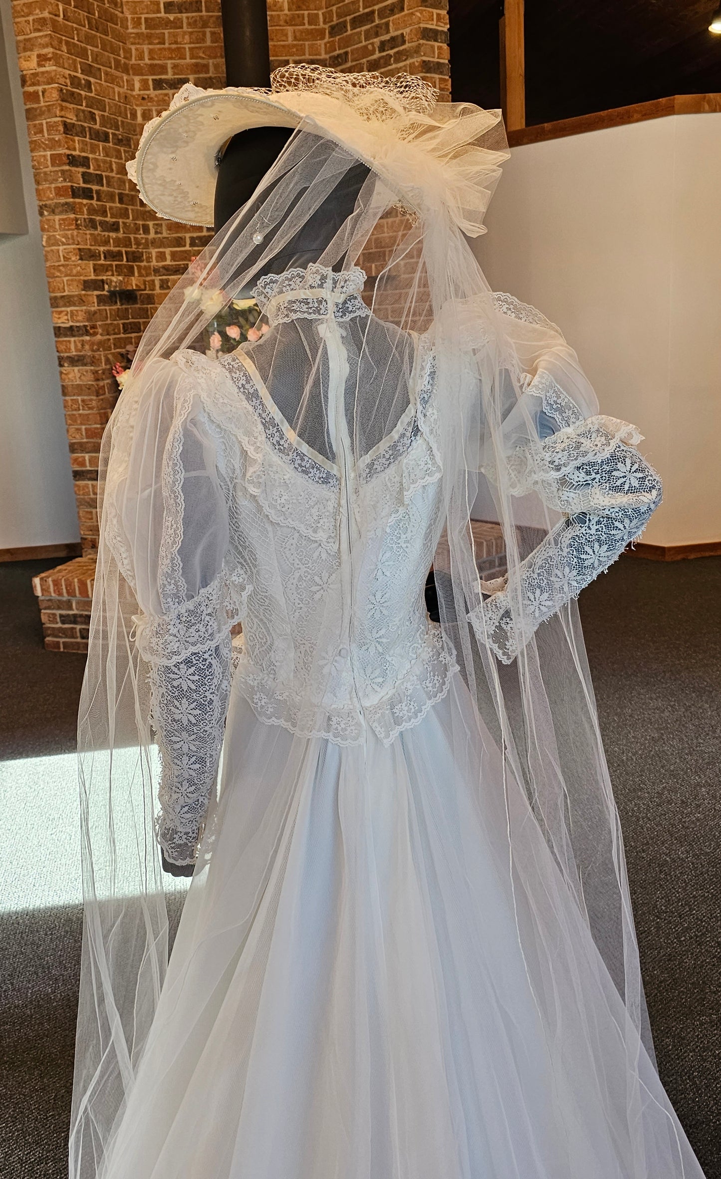 Vintage Ivory Victorian Wedding Gown/ Hat