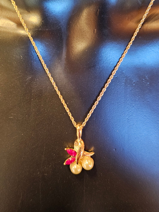 Vintage Gold/Ruby/Pearl Floral Pendant