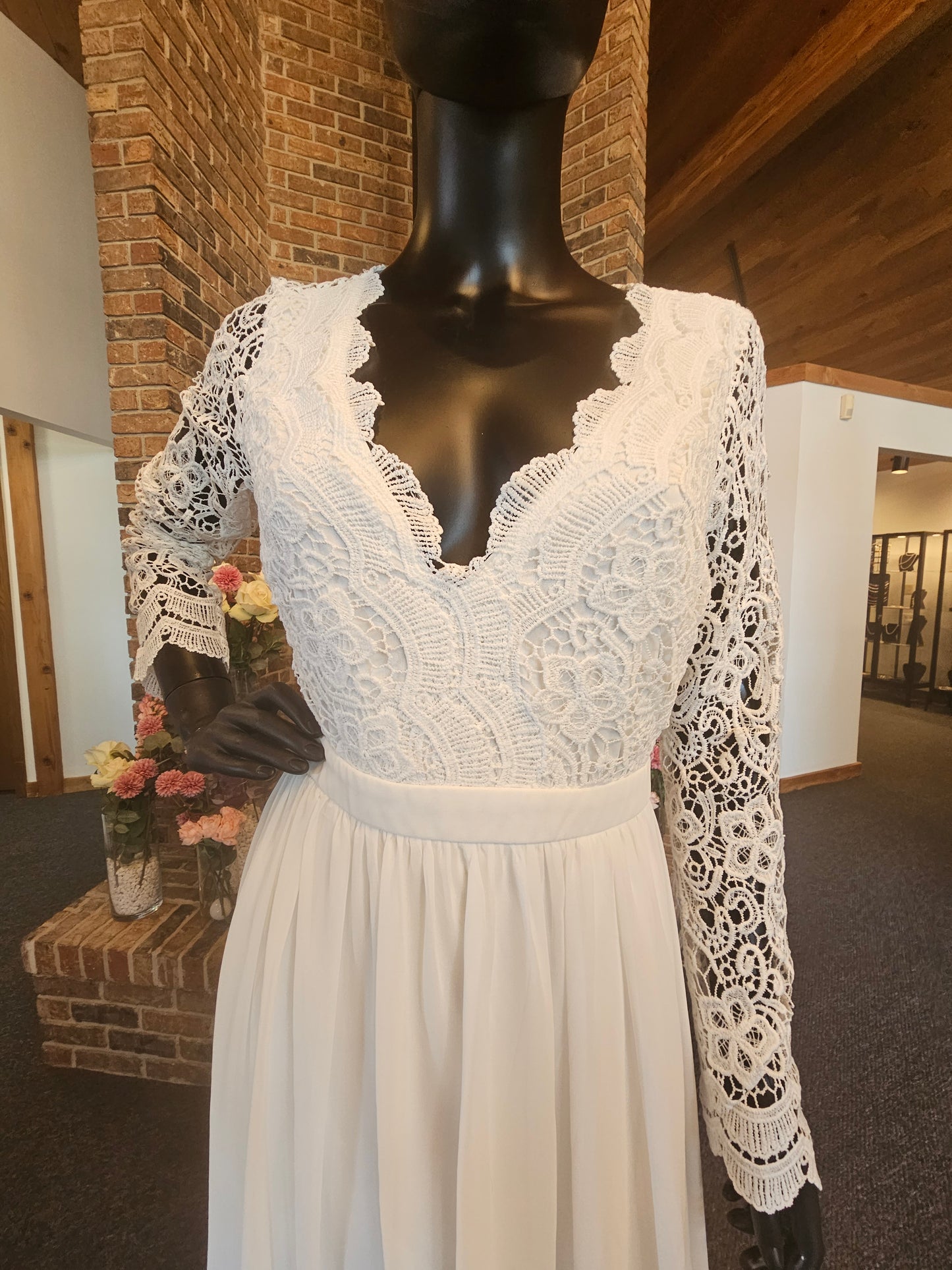 Long Sleeve White Lace Open Back Wedding Gown