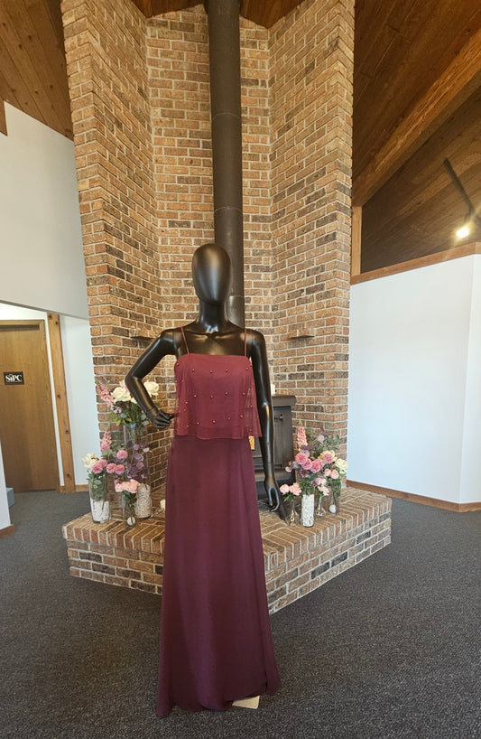 Burgundy Jasmine B2 Pearl Accent Full Length Formal Gown