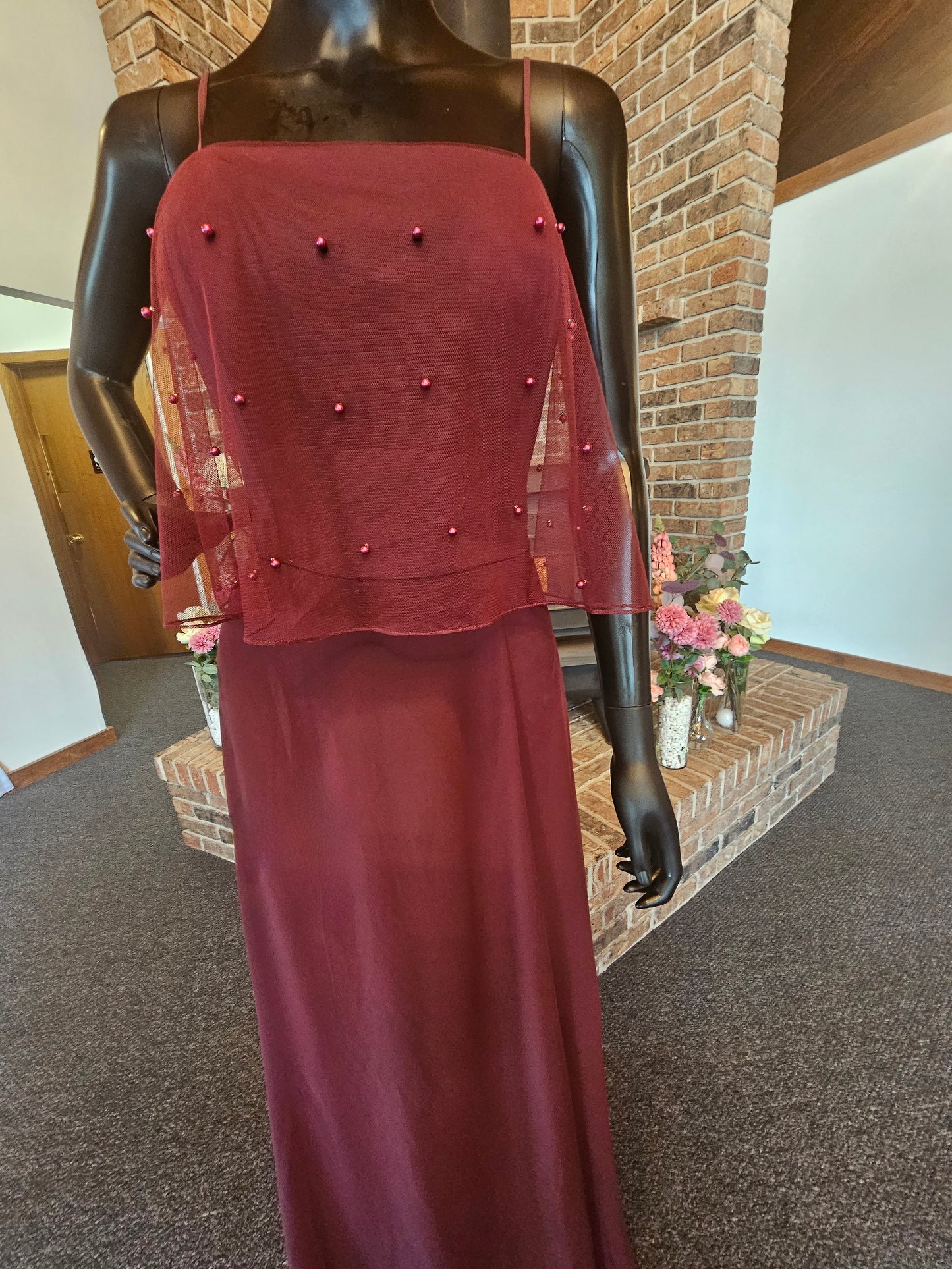 Burgundy Jasmine B2 Pearl Accent Full Length Formal Gown