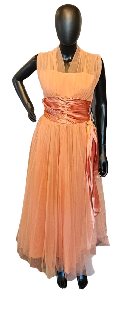 Vintage 50s Coral Satin/Tulle Party Dress / Cocktail Dress