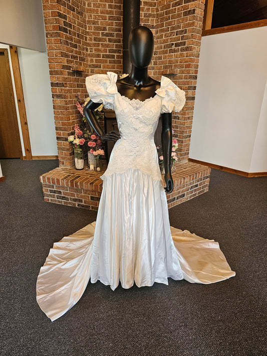 White Satin Bow Wedding Gown - Vintage